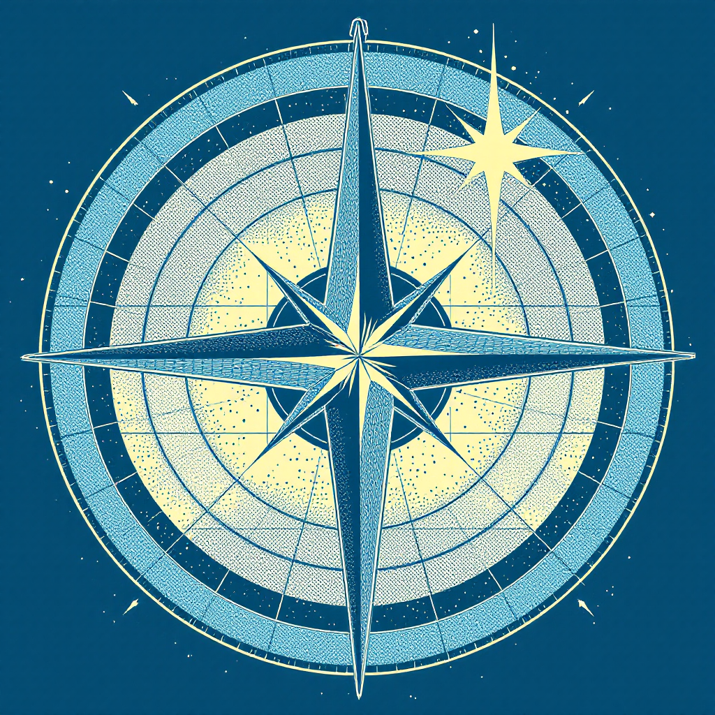 Screenprint of a compass needle pointing north-east over a grid